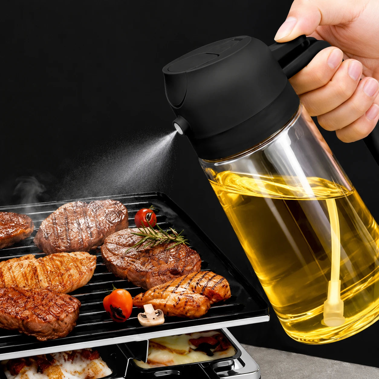 2-in-1 Oil Sprayer & Dispenser Bottle – 470ml | Spray & Pour Cooking Oil Bottle
