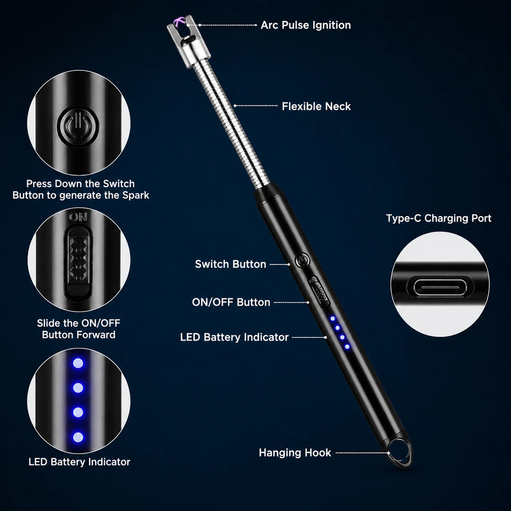 USB Rechargeable Electric Arc Lighter with Flexible Neck | Windproof BBQ & Candle Lighter
