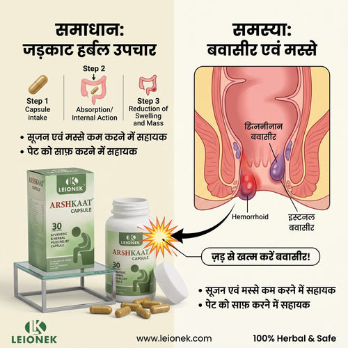 LEIONEK ARSHKAAT Ayurvedic & Herbal Piles Relief Capsules – 30 Capsules – खूनी, बादी और पुरानी बवासीर, सूजन एवं कब्ज से राहत देने वाला हर्बल उपचार